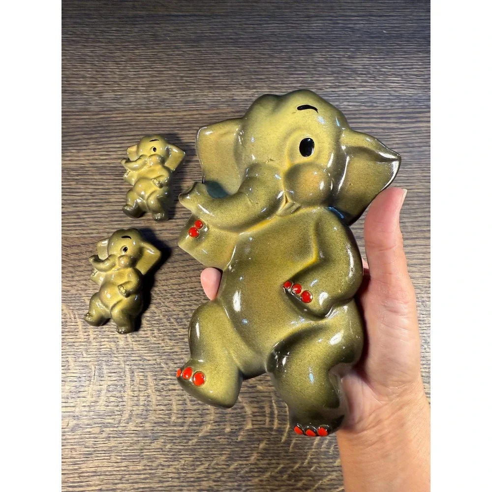 Vintage Chalkware Elephant‎ Wall Decor Set: Mid-Century Nursery Art